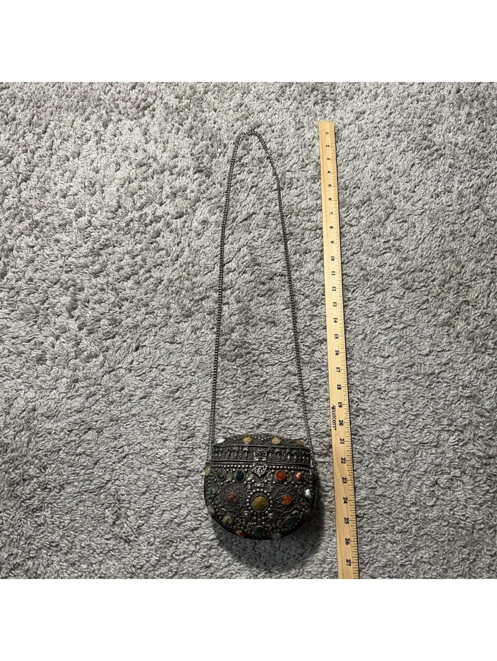 Vintage Sajai Metal Crossbody Purse with Natural Agate Stones Chain Strap